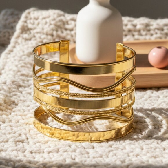 Bold & Modern Gold Plated Iron Trendy Fashion Wide Hollow Cuff Bracelet - Picture 6 of 10